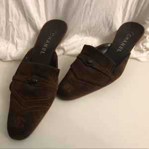 CHANEL Dark Brown Suede Mules with Button Accent